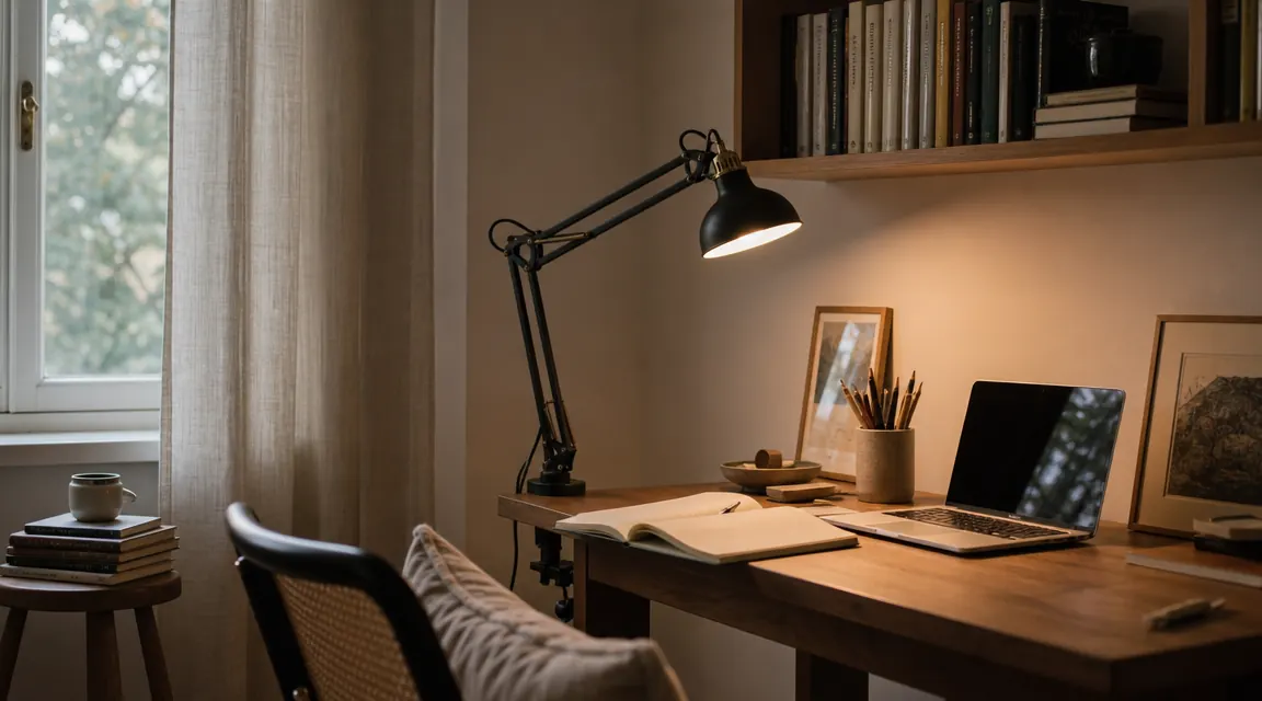 Warm architect desk lamp casting focused light on a tidy home office desk near a window
