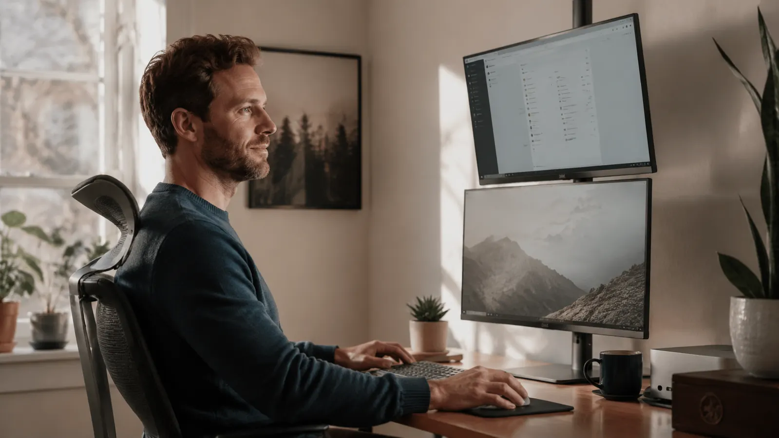 Clean home office desk with two monitors side by side on a stand, soft morning light coming through a window, warm neutral tones