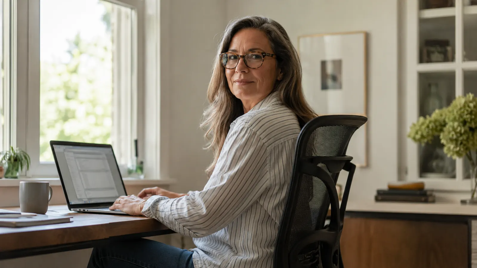 Woman sitting comfortably in a mesh office chair at a sunlit home desk, good posture, hands on keyboard