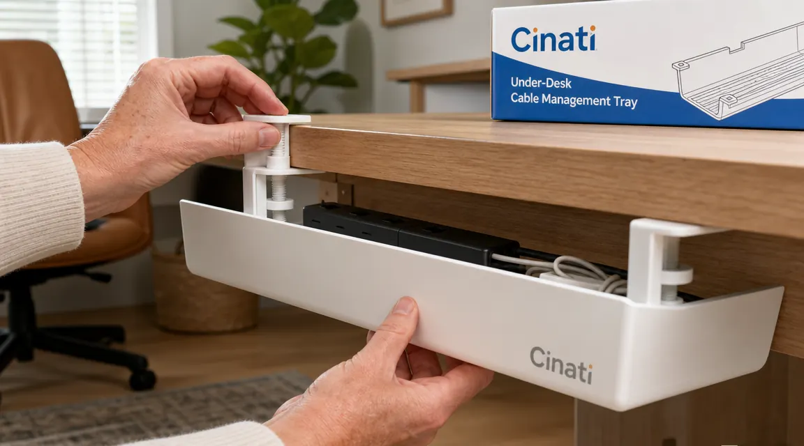 Hand clipping a white under-desk cable management tray onto the edge of a wooden desk