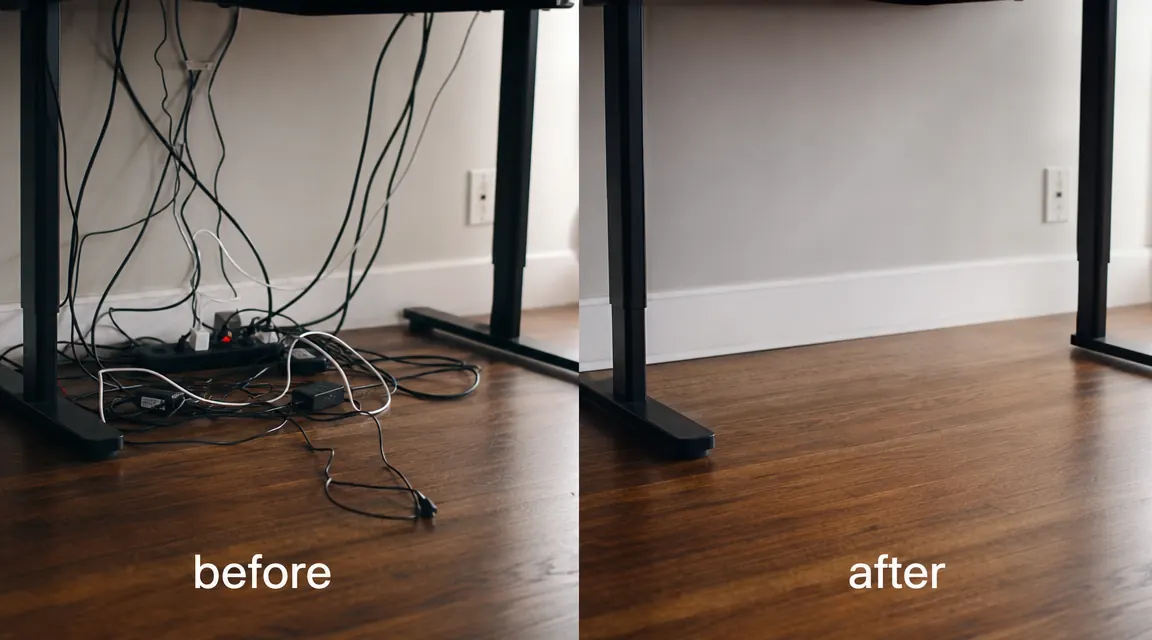 Before-and-after split showing tangled cables on a desk floor versus the same area with no cables visible