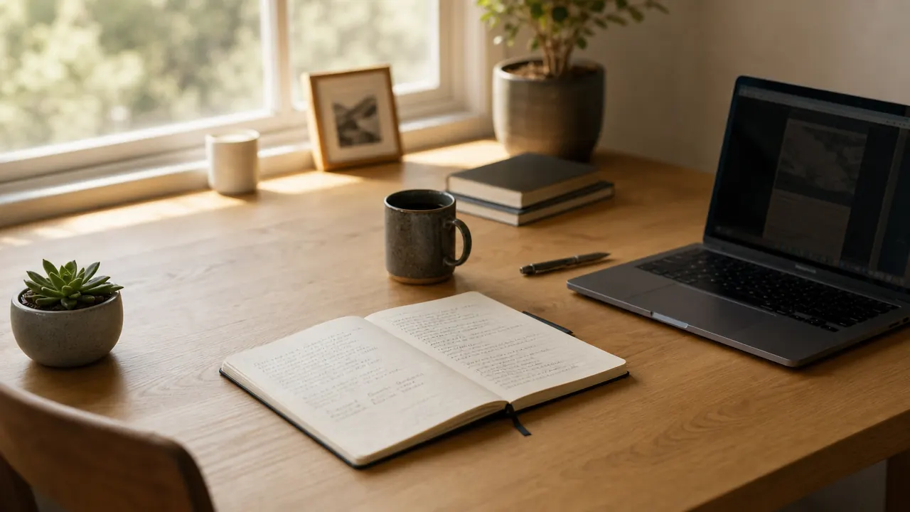 Clean home office desk with no visible cables, warm natural light, a small succulent, and an open notebook beside a laptop