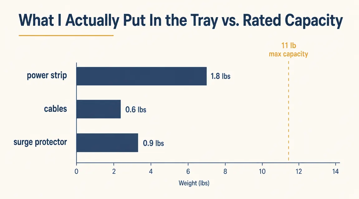 Chart showing weight distribution in a cable management tray: power strip 1.8 lbs, cables 0.6 lbs, surge protector 0.9 lbs, total 3.3 lbs versus rated 11 lb capacity