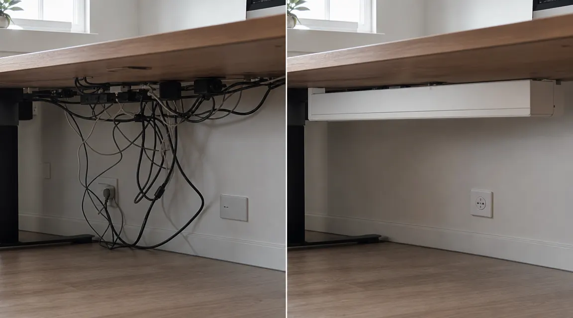 Side-by-side view of a messy desk with visible cables before versus the same desk after installing a cable tray, wires hidden