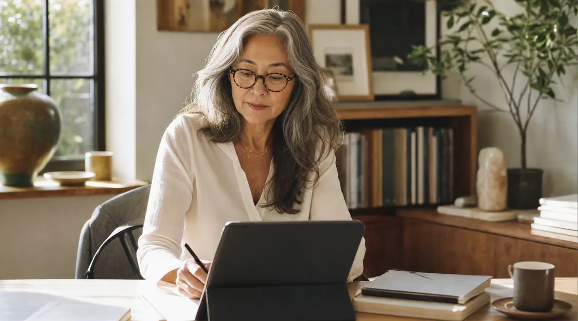Woman sitting at a tidy desk working, peaceful expression, no visible cable clutter
