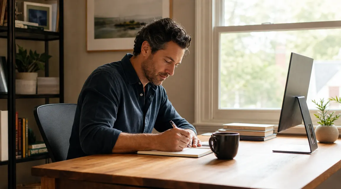 Clean home office desk with no visible cables hanging below the surface, warm afternoon light