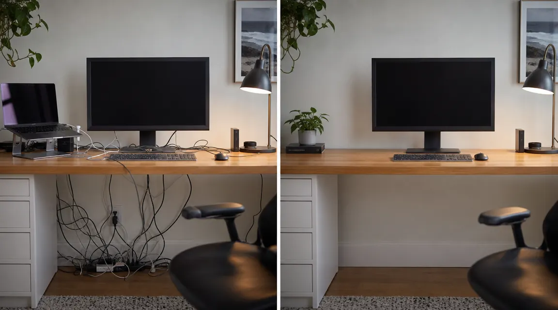 Cluttered desk cables before and after using a cable tray, the after side showing a clean tidy workspace