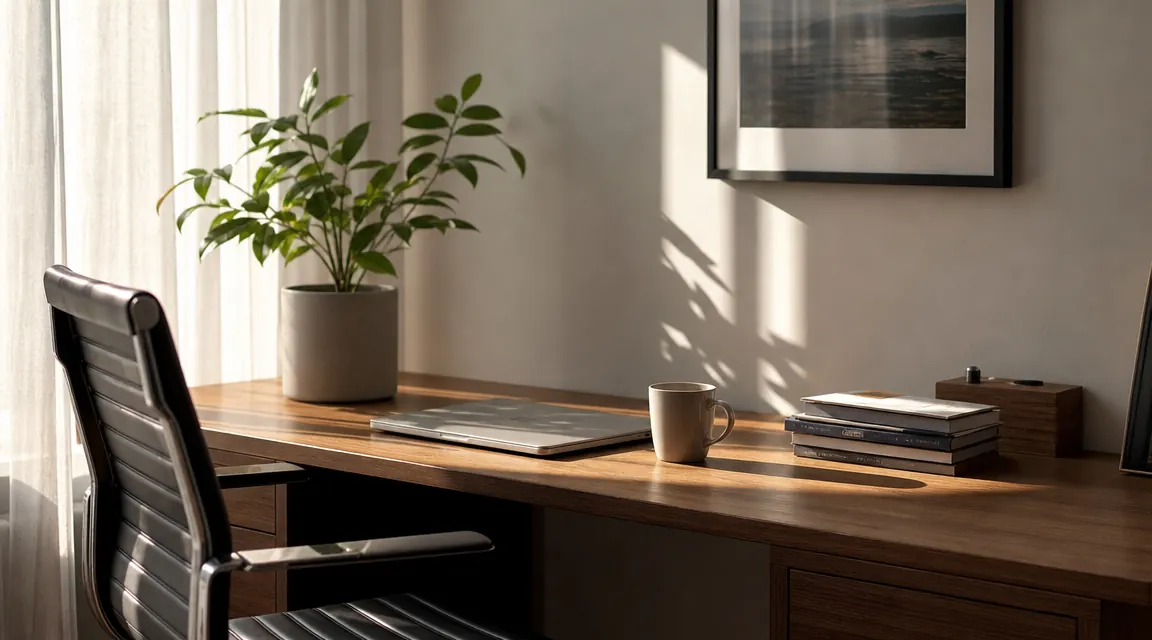 Clean home office desk with no visible cables, warm light, plants on windowsill