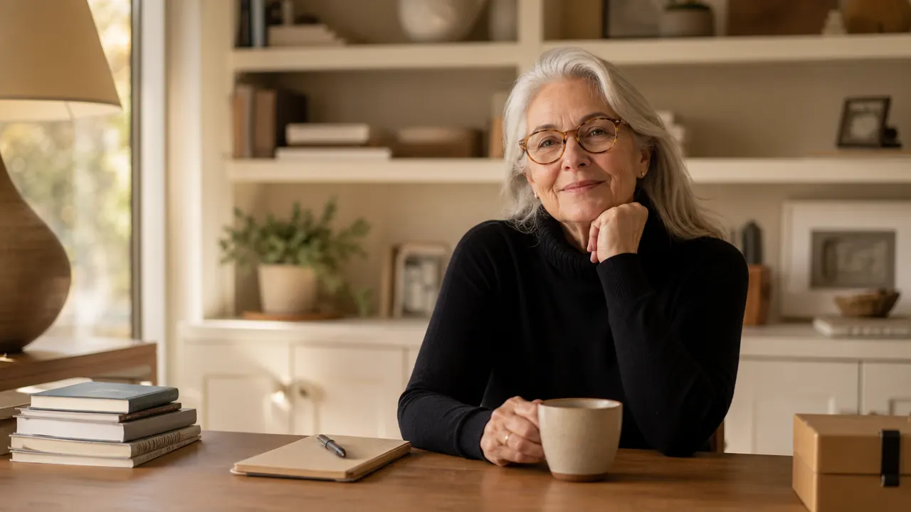 Woman sitting at a clean organized desk, smiling slightly, warm light, coffee mug nearby, no cable clutter visible