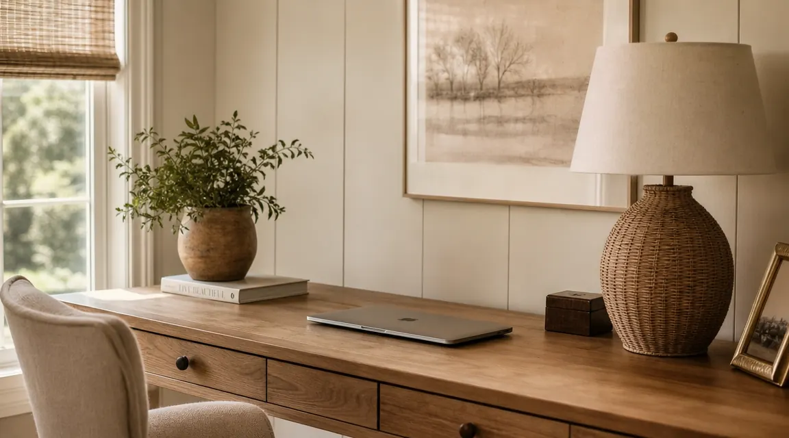 A tidy cream-colored home office desk from the front, no visible cables below, warm morning light through a sheer curtain