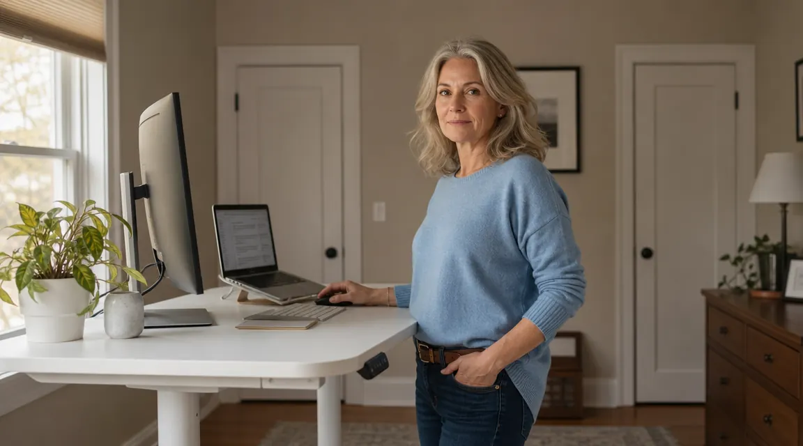 Woman standing at a tidy electric standing desk in a calm, well-lit home office with a warm bone-colored wall behind her