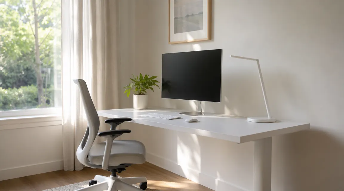 Clean white home office desk with no visible cables, warm morning light, plants in background