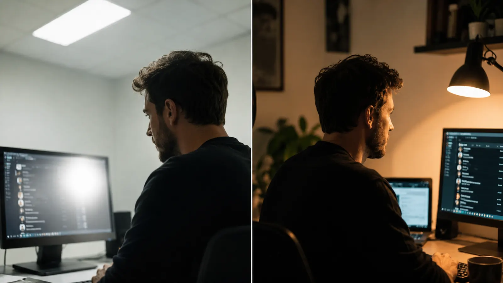Overhead LED ceiling light casting glare on a computer monitor, illustrating the problem with top-down lighting