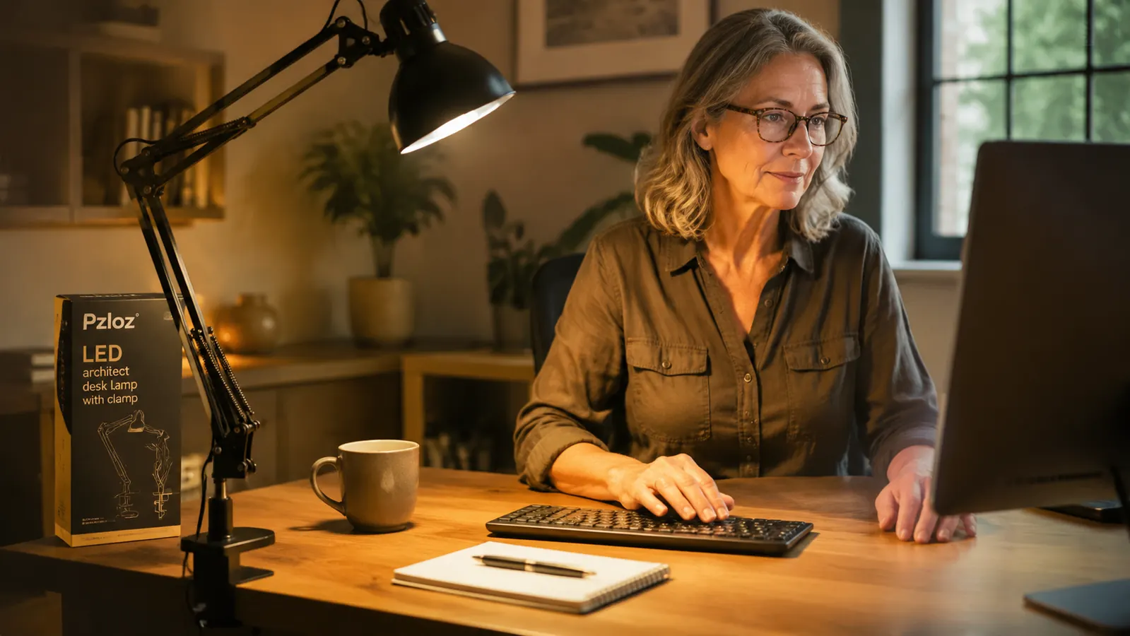 Pzloz architect desk lamp clamped to a desk edge, arm extended forward over keyboard and papers