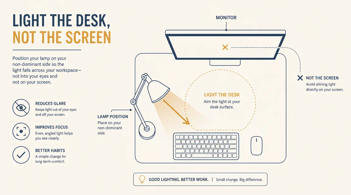 Diagram showing correct desk lamp positioning: lamp to the side and slightly forward, light aimed down at the work surface, not at the screen