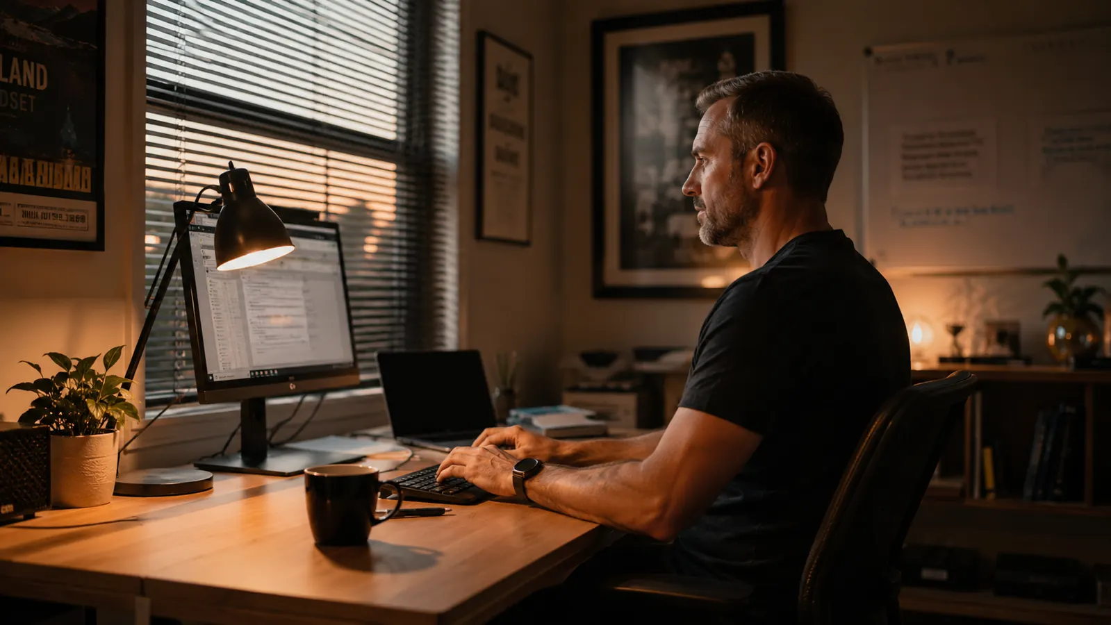 Home office at dusk, warm desk lamp on, window blinds partially closed, monitor visible with no screen glare
