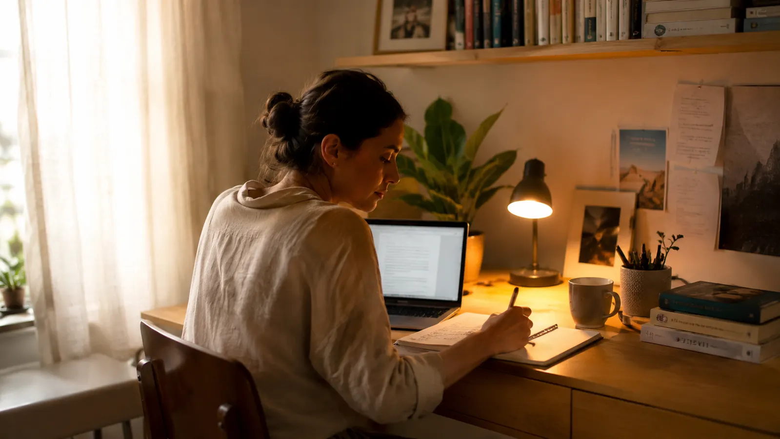 Calm home office corner with warm amber desk lamp light, a notebook, and soft morning light through a linen curtain