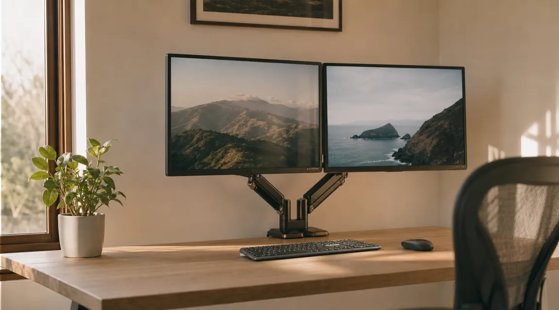 A calm, well-organized home office desk with two monitors mounted at eye level on a dual monitor arm, warm natural light from a window to the left, minimal clutter on a light wood desk surface