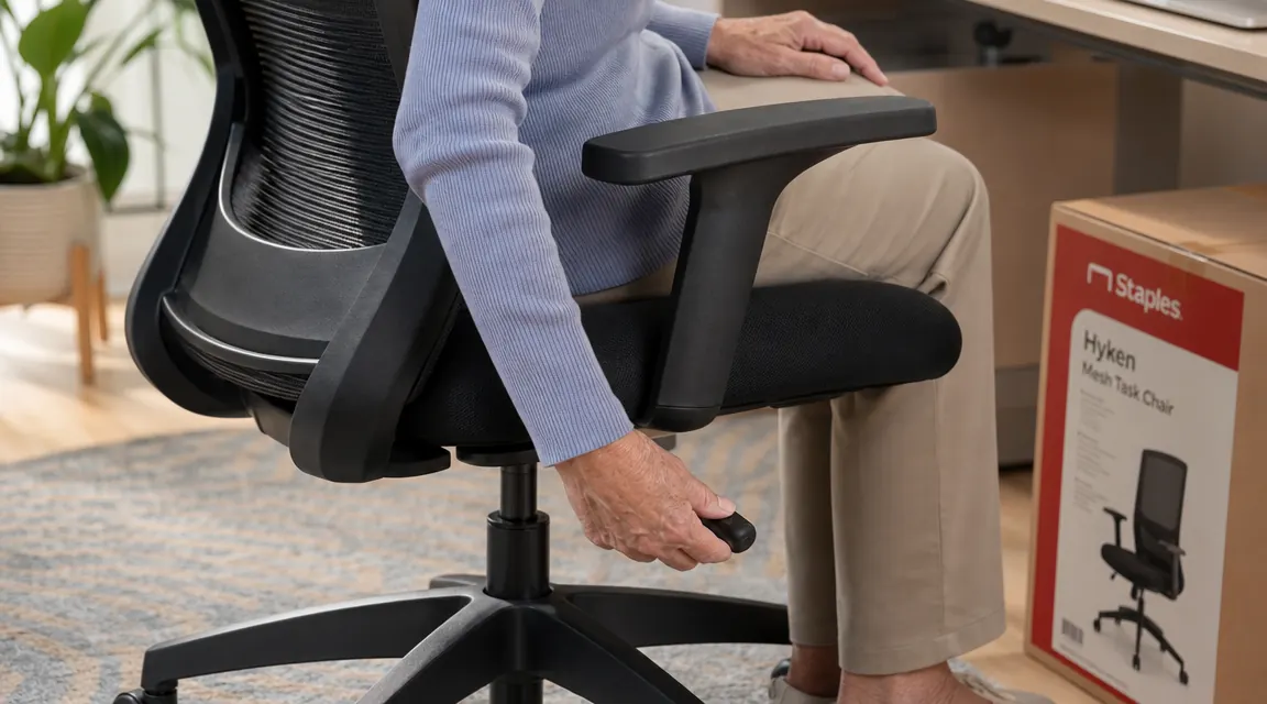 Close-up of hands adjusting the seat height lever on a black mesh ergonomic task chair