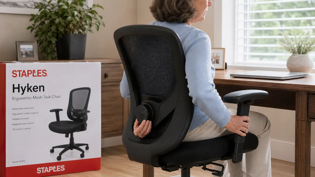 Side view of a mesh chair showing lumbar support knob being turned by hand