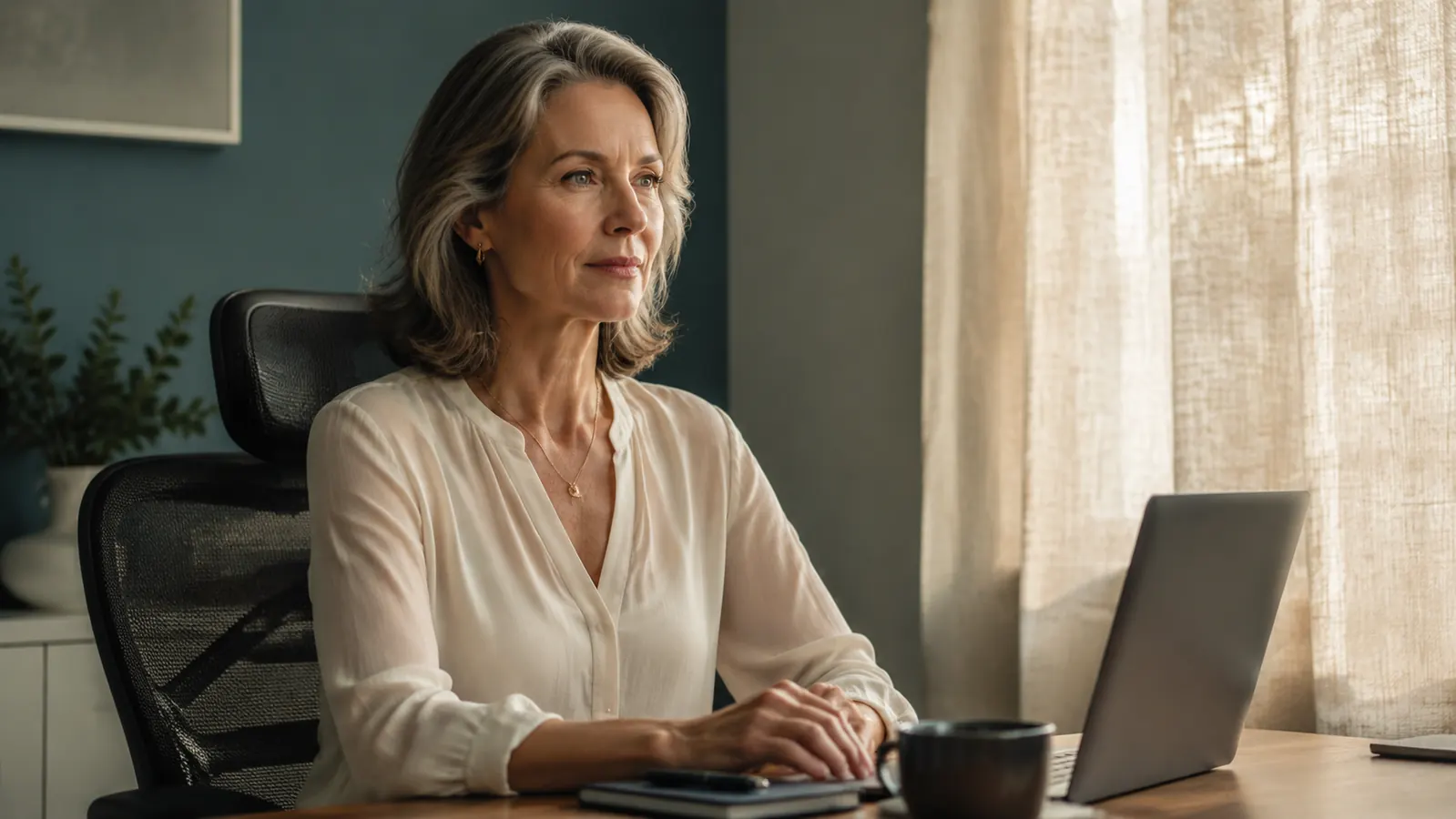 Woman sitting at a tidy home office desk in a mesh ergonomic chair, calm morning light from a side window, soft warm tones