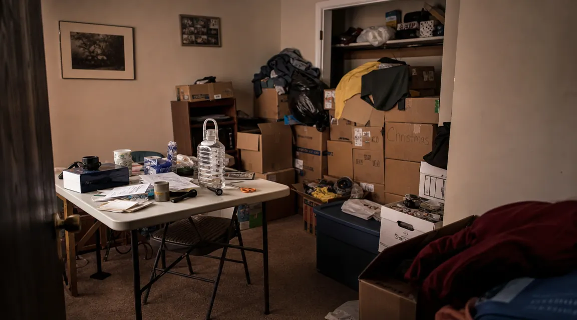 Cluttered spare bedroom with boxes stacked on a folding table, dim overhead light, clothes draped over a chair