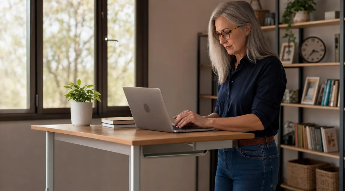 Woman standing at a height-adjustable desk in a tidy room, smiling slightly, working at a laptop