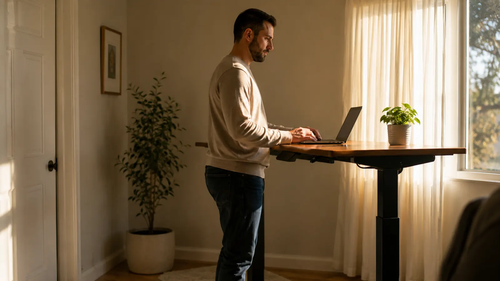 Calm spare bedroom home office with a standing desk, afternoon light through sheer curtains, tidy surface with a laptop and small plant