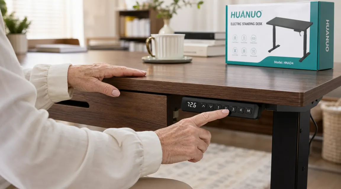 Hands adjusting the height preset buttons on the HUANUO standing desk control panel mounted on the desk edge