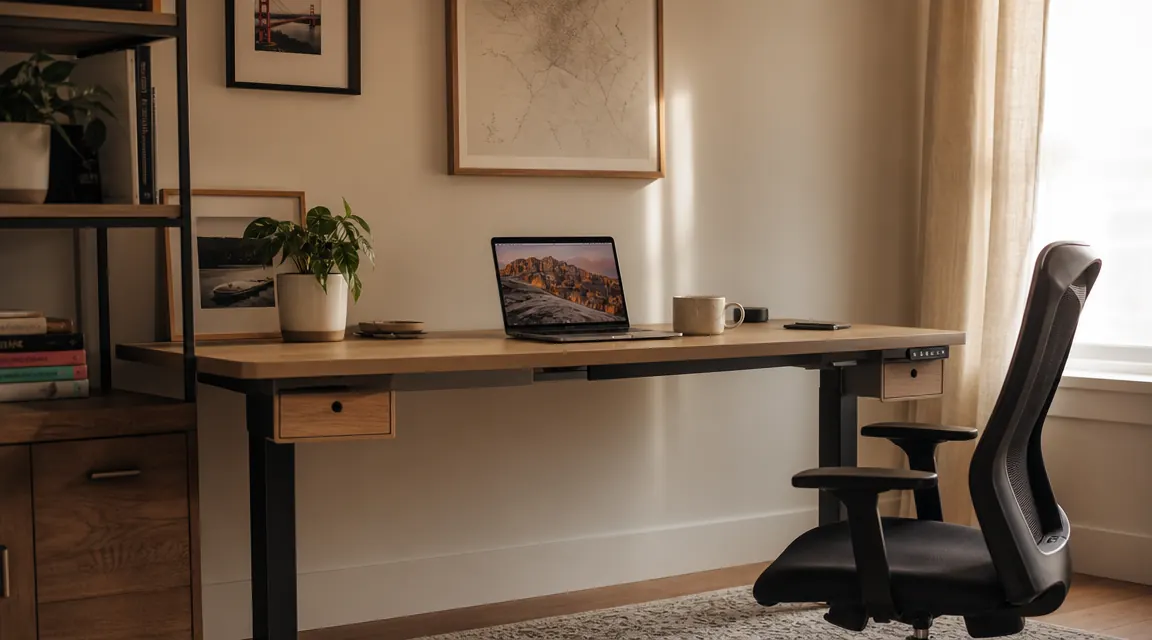 A calm home office with a standing desk, warm afternoon light falling across a clean desktop, and two small drawers visible on the side of the desk frame