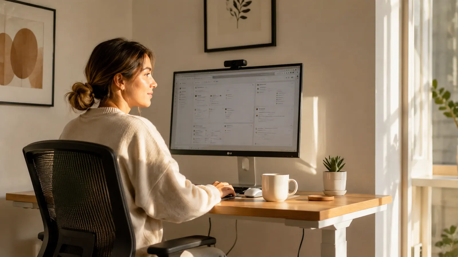 HUANUO electric standing desk in a warm home office with soft natural light coming through a window