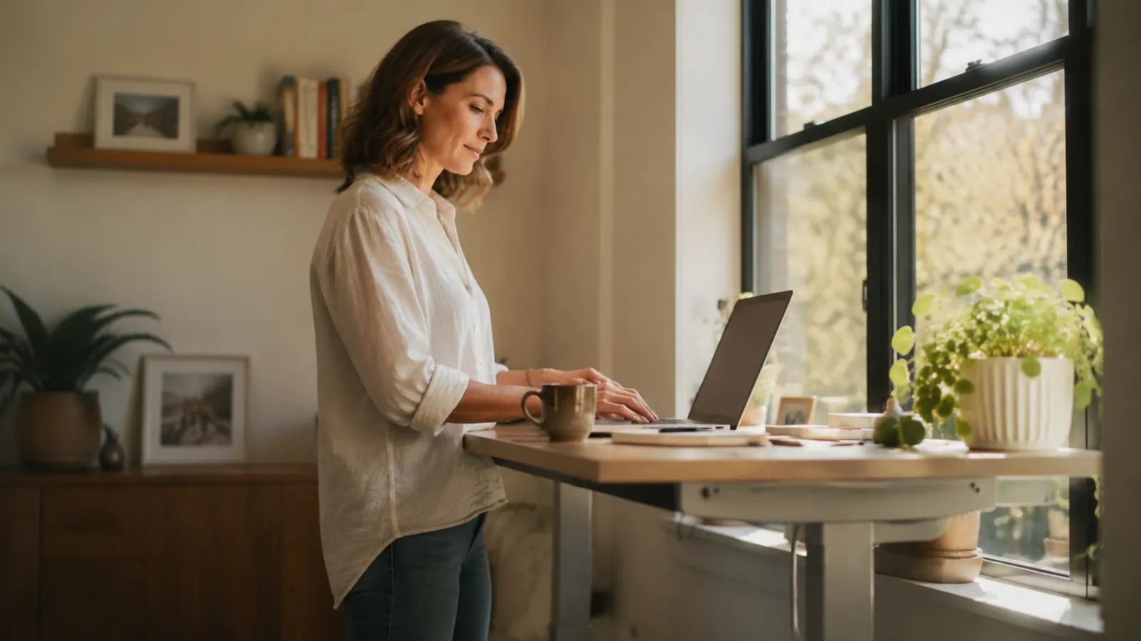 Person standing at desk working, posture upright, small home office space with plants on windowsill