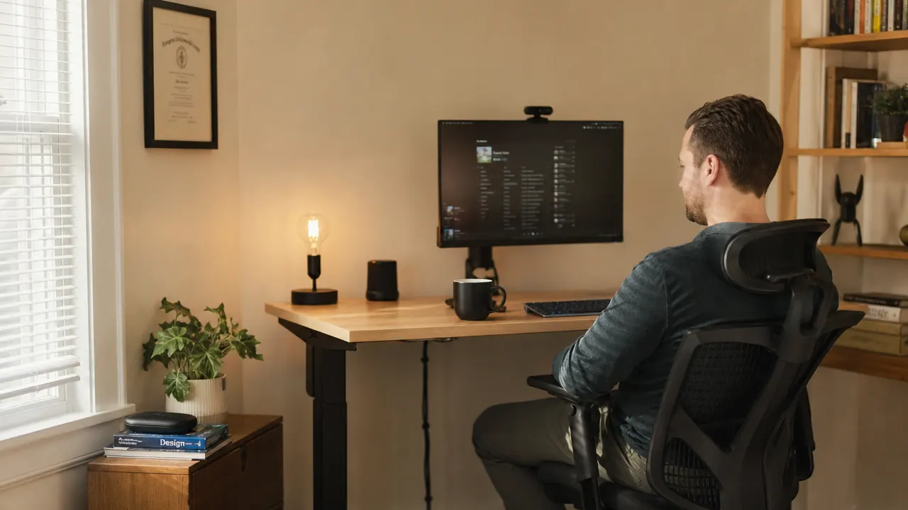 Clean home office with an electric standing desk at sit height, warm morning light, laptop and coffee on surface