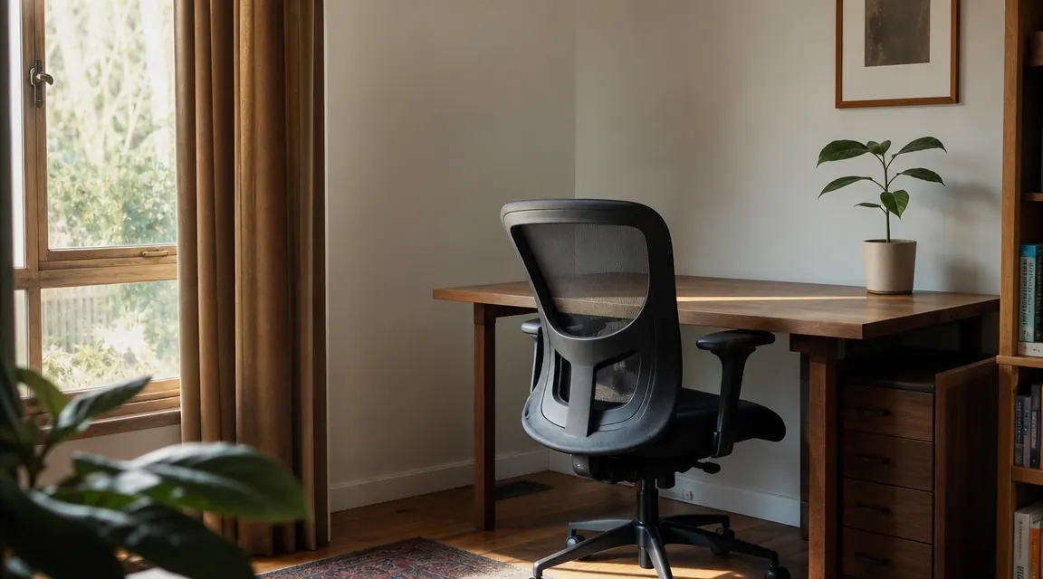 Calm home office corner with a mesh ergonomic chair at a simple wood desk, morning light from a window, no clutter