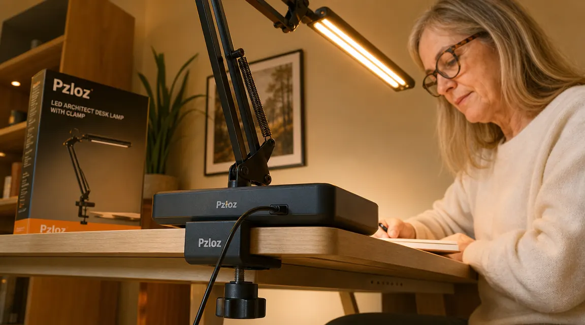 Pzloz desk lamp clamped to a thin desk edge, knob tightener visible, USB cable plugged into the base charging port