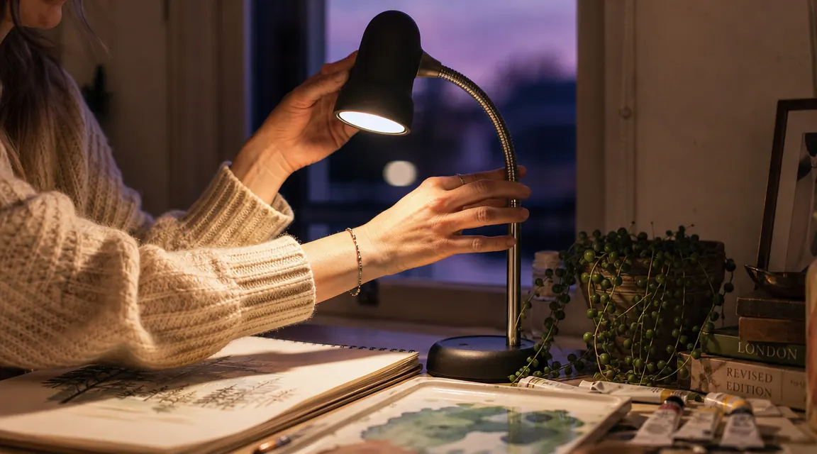Hands adjusting the flexible arm of a desk lamp on a cluttered work desk with sketchbooks and a small plant, warm evening light