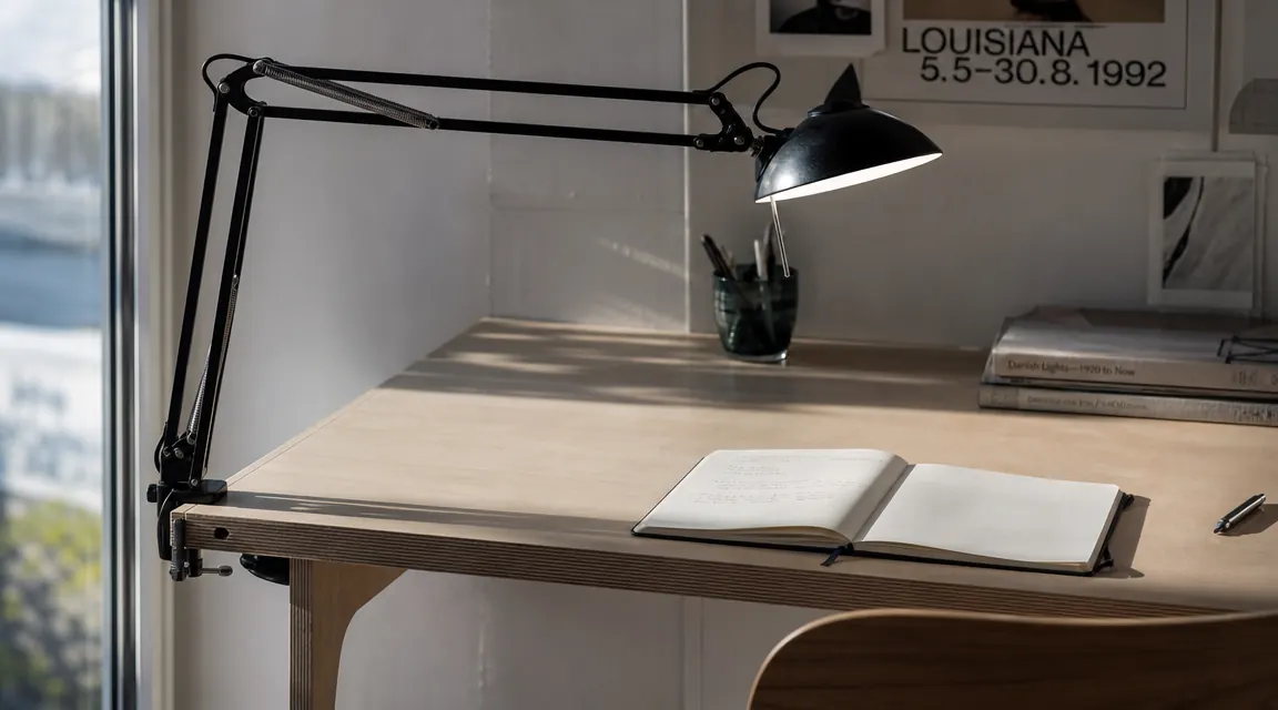 Close-up of an architect desk lamp clamp gripping the edge of a light wood desk, arm extended toward a paper notebook, cool white light on
