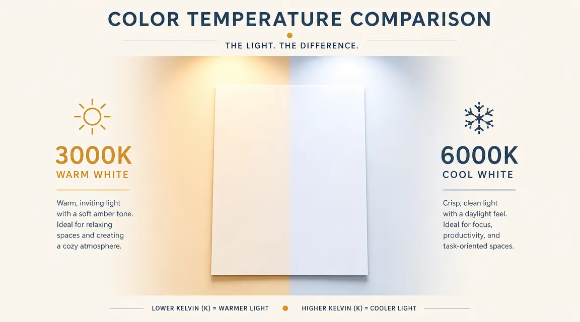 Side-by-side color swatch chart comparing warm 3000K amber versus cool 6000K white light on a sheet of white paper