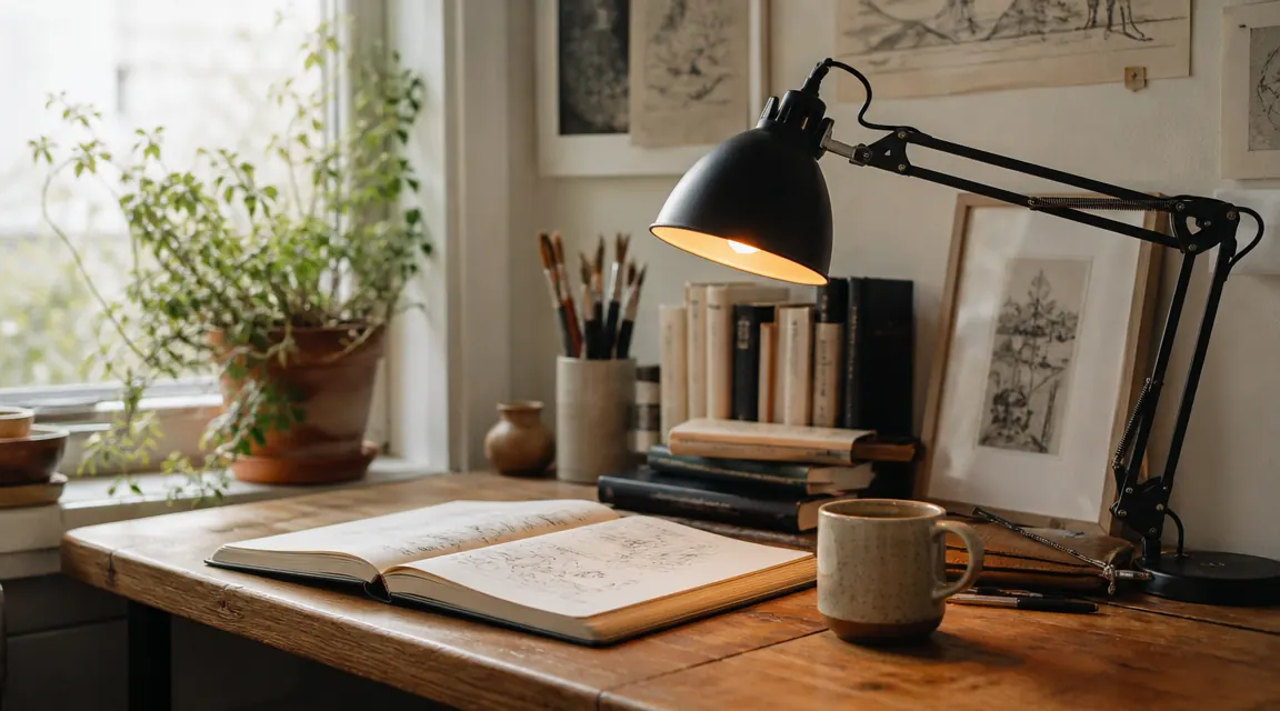 Warm amber desk lamp casting a cone of soft light over a tidy wooden desk with a sketchbook and coffee mug in the foreground