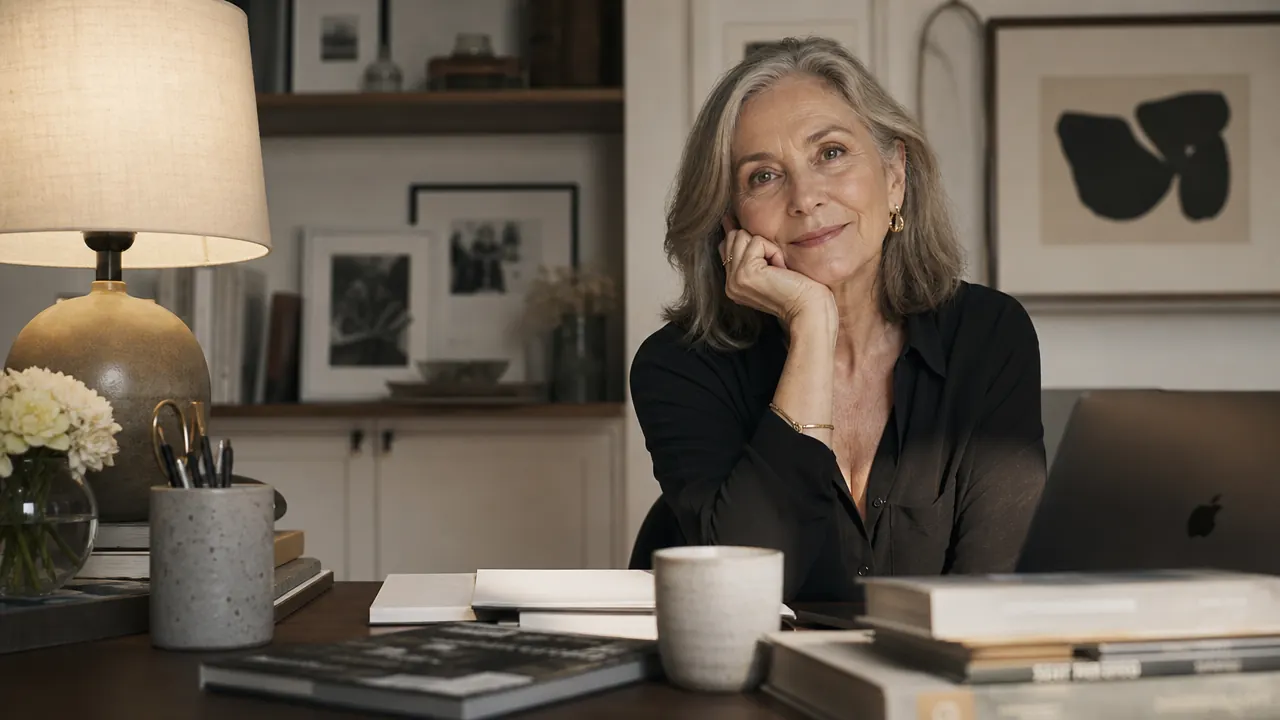 A woman in her sixties sitting relaxed at a tidy desk in late afternoon light, smiling at a notebook, warm lamp glow visible beside her, no overhead lighting