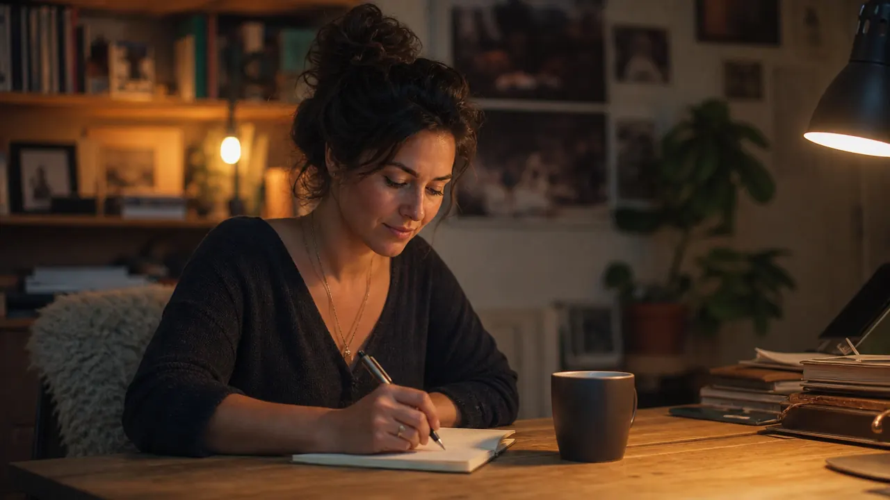 A calm home office corner in the early evening, warm amber lamp light pooling over a wooden desk with a notebook and coffee mug, soft shadows on the wall