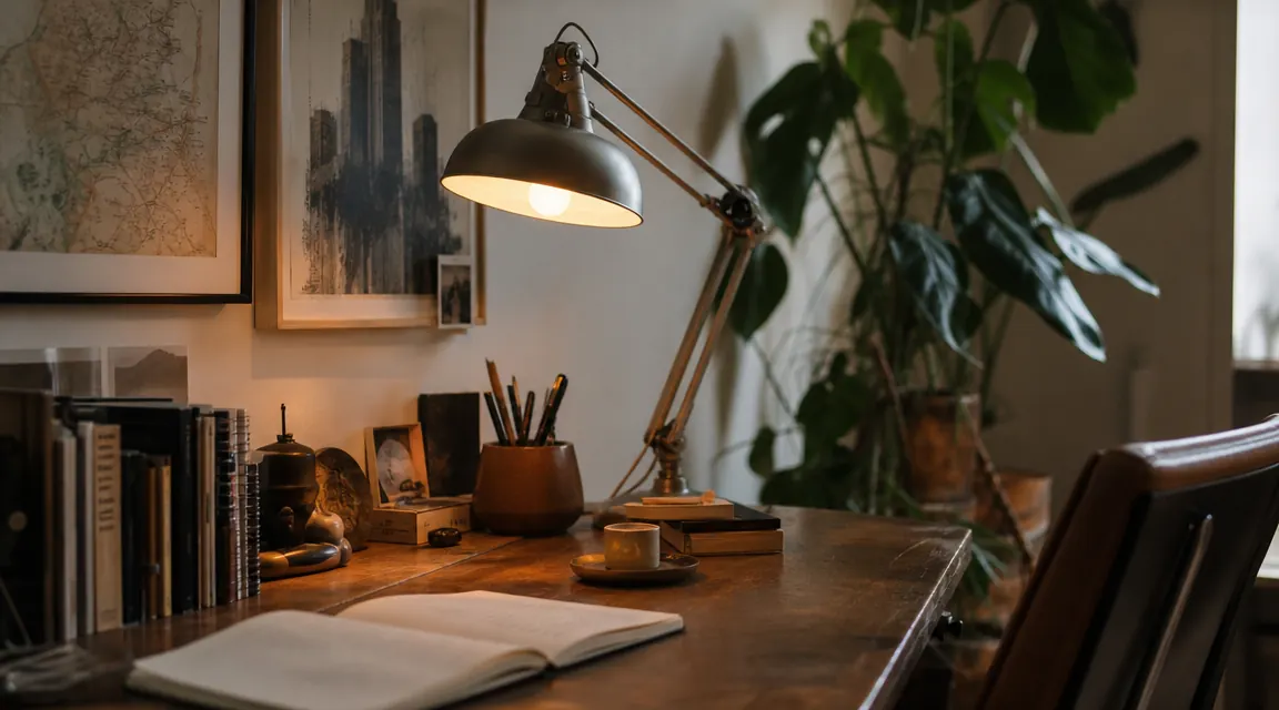 Calm home office desk with a warm-toned architect lamp casting gentle light on a notebook and keyboard