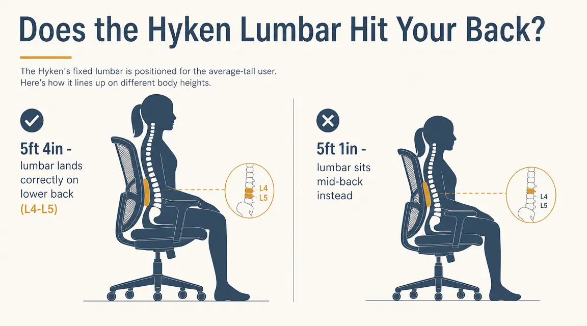 Illustration showing correct versus incorrect lumbar support positioning on an ergonomic mesh chair for different body heights