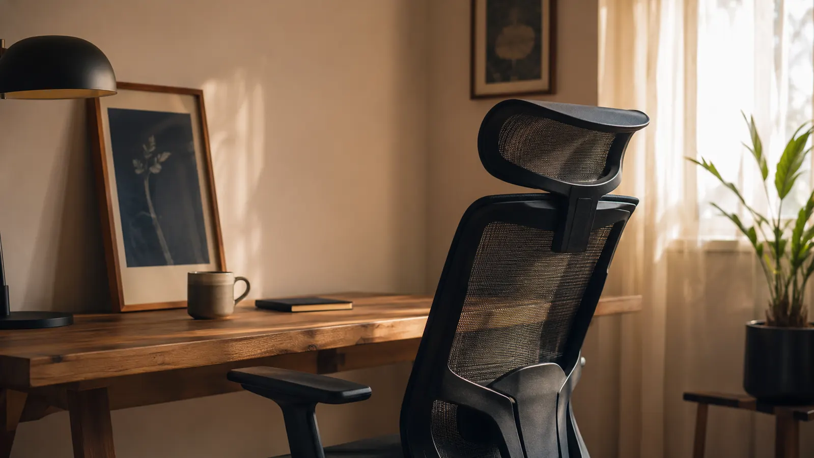 Staples Hyken black mesh ergonomic chair at a wooden home office desk beside a window with warm afternoon light and a cup of tea