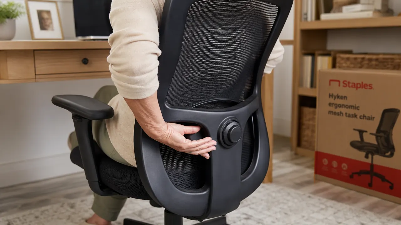 Close-up of the Staples Hyken lumbar support adjustment knob being turned by a hand