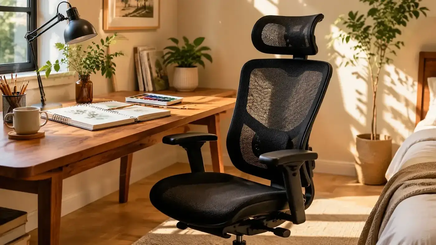 Staples Hyken mesh ergonomic chair at a tidy bedroom home office desk with warm morning light and a small plant nearby