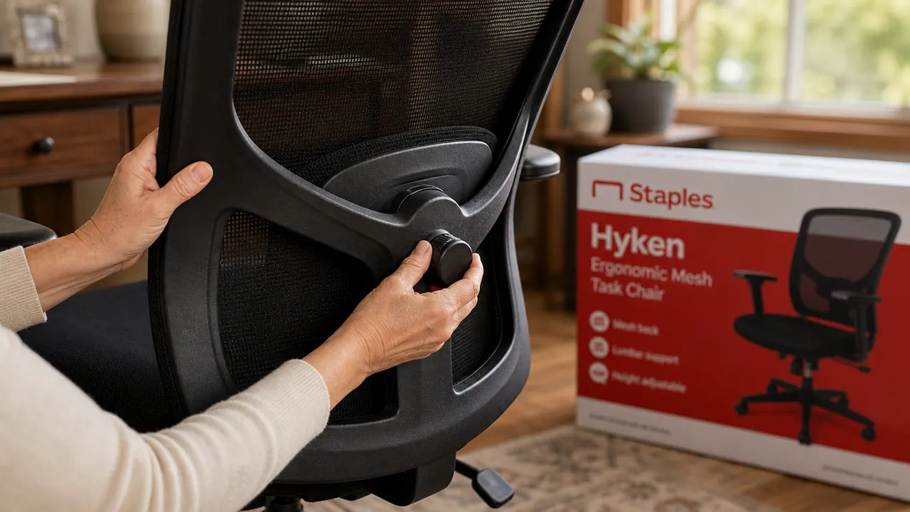 Close-up of the Staples Hyken mesh back and lumbar support knob