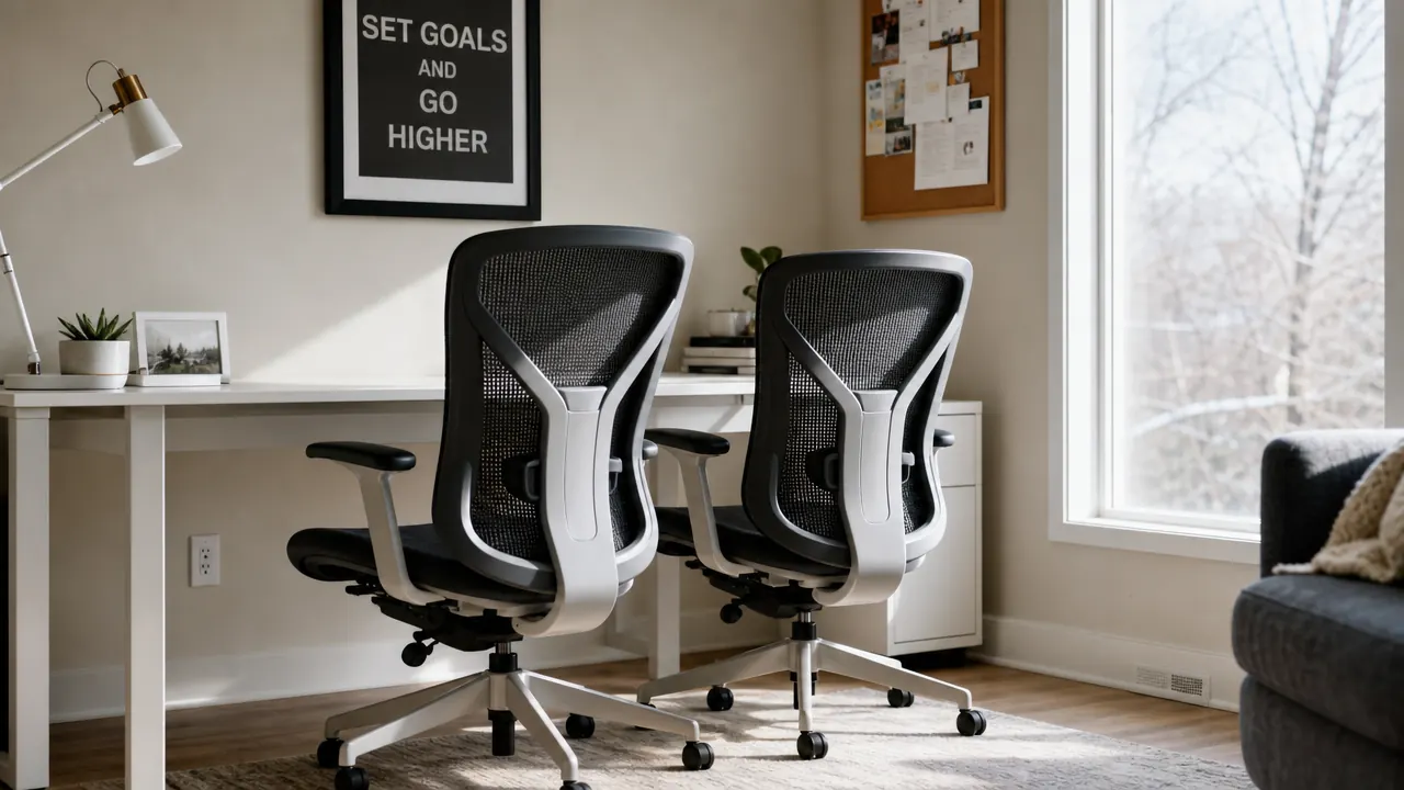 Two ergonomic mesh office chairs side by side near a bright home office window