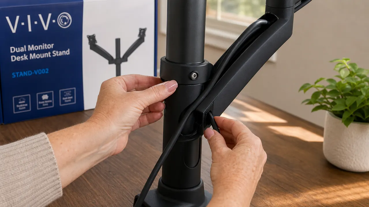 Hands guiding a monitor cable through the channel along a black steel monitor arm during installation