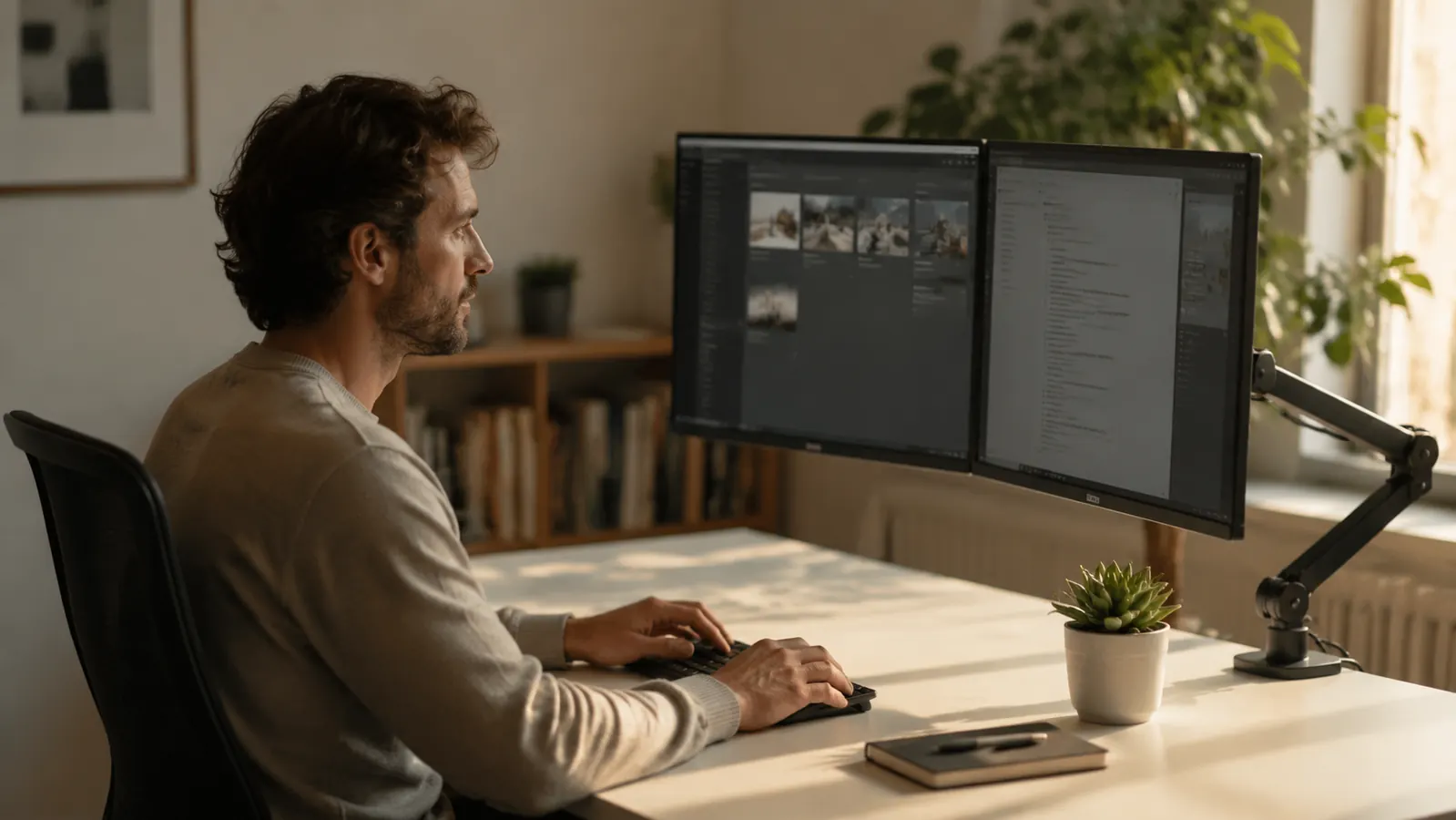 A tidy home office desk from the side angle, two large monitors on a dual arm mount, afternoon window light warming the scene, no clutter on the desktop